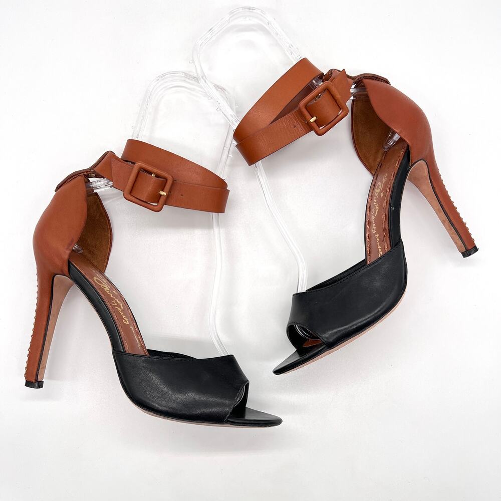 ALICE + OLIVIA Gwennie Ankle Wrap Strap Heels Womens 39 Black Brown Leather - Picture 4 of 14